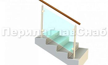 Ограждение с деревянным поручнем с зажимными стеклодержателями и стойками в Новосибирске. Готовые проекты ПерилаГлавСнаб