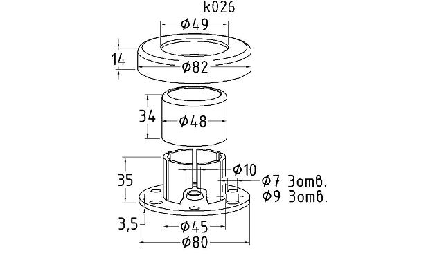 Цанга под трубу Ø38.1 мм, полированная #600, AISI 304, 3 отв.Ø7 мм, 3 отв. Ø9 мм, k026  2