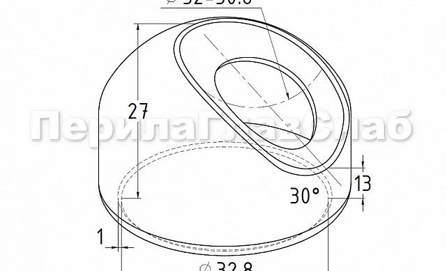 Наконечник штампованный (СПС) косой 30° на трубу Ø32 мм, для поручня Ø38.1-50.8 мм, полированный, нержавеющий, AISI 304, k550 3