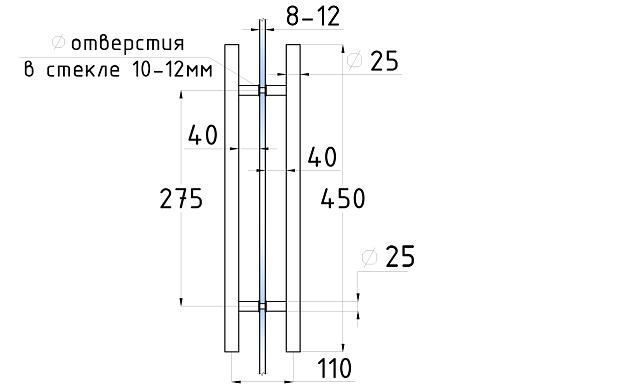 Ручка для стеклянной двери рейлинг двухсторонняя для стекла 8-12 мм, 25x275x450 мм, шлифованная t633-450 SSS 2
