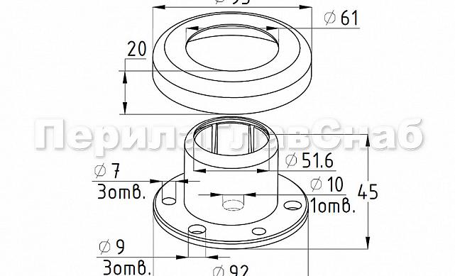 Цанга под трубу Ø50.8 мм, полированная, низ 10х90 под анкер 10 мм, 3 анкера М8, (AISI 304) k220 2